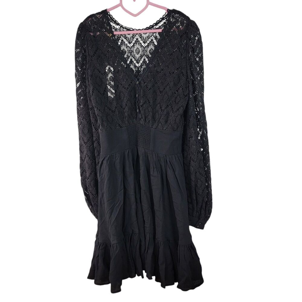 TiMo Black Crochet Sheer Long Sleeve Dress Flare Witchy Whimsygoth Fairy Sz Med